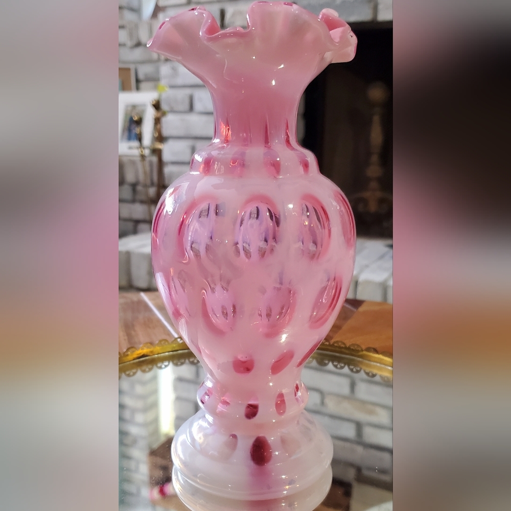 Fenton Opalescent Cranberry Coin Dot Ruffled Top Vase